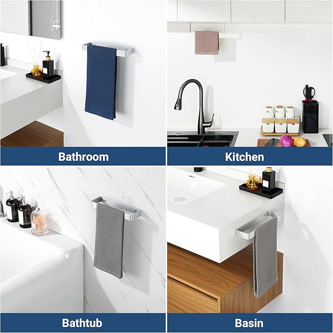 SAYAYO Brushed Nickel Hand Towel Holder for Bathroom Wall, 10 Inch Self Adhesive Towel Bar Hand Towel Rack Square Heavy Duty