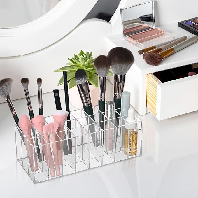 DOITOOL 24-Grid Acrylic Lipstick Holder and Makeup Organizer Display Rack 8.3X3.5X3 in Clear Cosmetics Storage Stand for Lipsticks and Makeup Tools