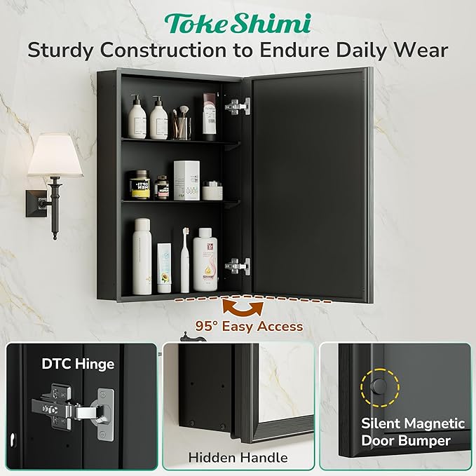 TokeShimi 40 x 26 Black Recessed Medicine Cabinet with Mirror, Assembly Required, Bathroom Medicine Cabinet with Mirror, Stepless Adjustable Shelves, Beveled Aluminum Frame, DTC Hinge