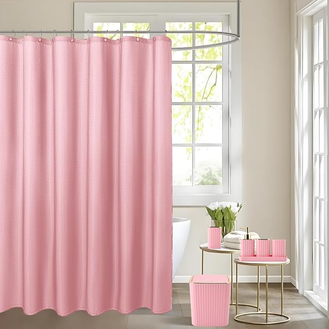 XLHOMO Bathroom Set with Shower Curtain and Rugs- 25PC Bathroom Accessory Set, Pink Bathroom Set, Toilet Brush, Trash Can, Qtip Holder & Soap Dispenser