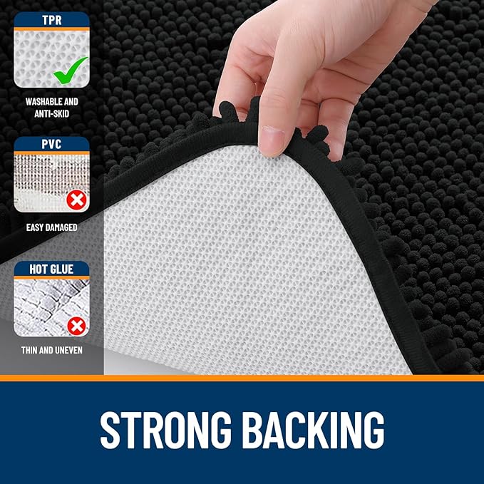 OLANLY Bathroom Rugs 59x35, Extra Soft Absorbent Chenille Bath Rugs, Rubber Backing Quick Dry, Machine Washable Bath Mats for Bathroom Floor, Tub and Shower, Home Decor Accessories, Black