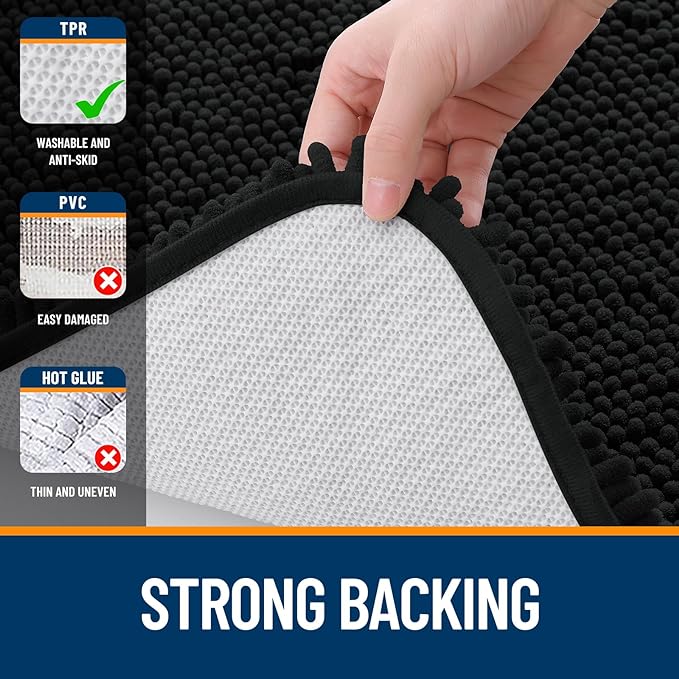 OLANLY Bathroom Rugs 32x20, Extra Soft Absorbent Chenille Bath Rugs, Rubber Backing Quick Dry, Machine Washable Bath Mats for Bathroom Floor, Tub and Shower, Home Decor Accessories, Black
