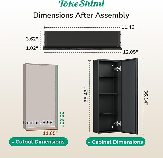 TokeShimi 12 x 36 Black Recessed Medicine Cabinet with Mirror, Assembly Required, Bathroom Medicine Cabinet with Mirror, Stepless Adjustable Shelves, Beveled Aluminum Frame, DTC Hinge