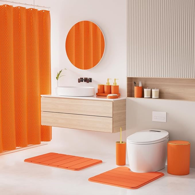 Orange Bathroom Accessories Set - Bathroom Sets, 25PC Bath Accessory Set, Bathroom Sets with Push Top Trash Can, Shower Curtain and Rugs, Toilet Brush, Trash Can & Soap Dispenser