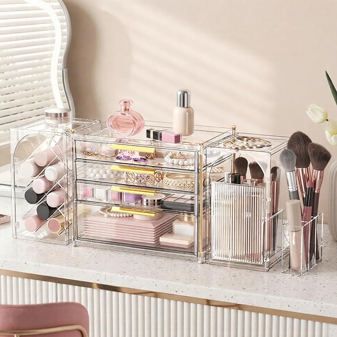 4-Tier Drawer Makeup Organizer, 3-in-1 Free Combination Cosmetic Storage with Lipstick Holder & Brush Rack, Skincare Organizer with Mini Tray for Vanity Bathroom Bedroom Dorm