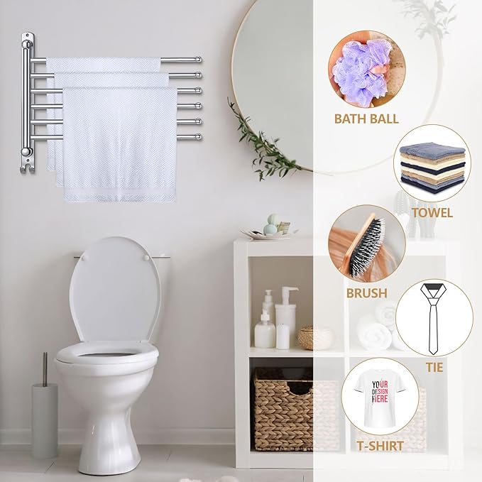 Teenyyou Swivel Towel Rack 16.5 Inches 304 Stainless Steel 6 Arms Bathroom Towel Rack Hanger Pool Holder Wall Mounted Swivel Bar Space Saving with Hook, Sliver