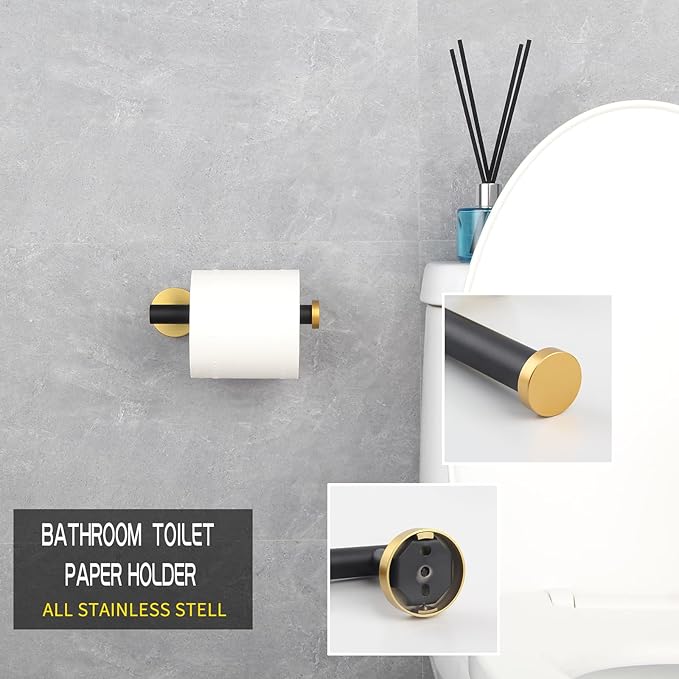 GERZWY Bathroom 3-Pieces Hardware Accessories Sets Stainless Steel - 2X Coat Hook Toilet Paper Holder (Black & Gold) AG1401B-BD