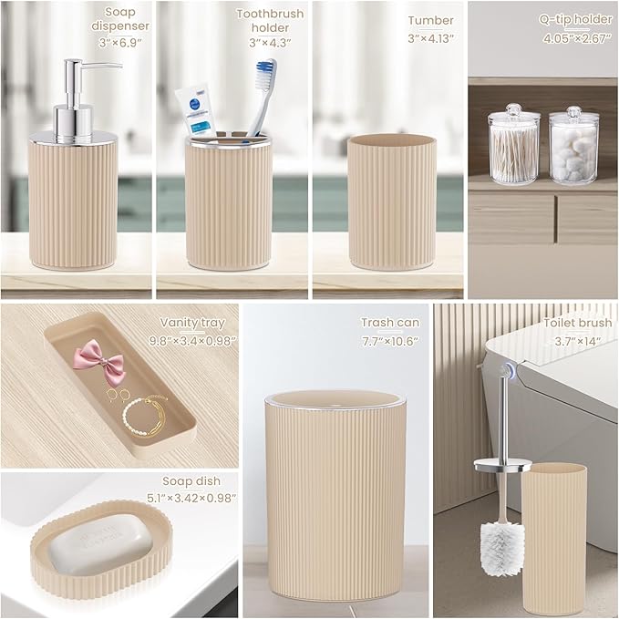 Beige Bathroom Accessories Set, 10PC Bathroom Set, Bath Accessory with Pop Up Trash Can, Soap Dispenser, Toilet Brush, Toothbrush Set Qtip Holders & Tray