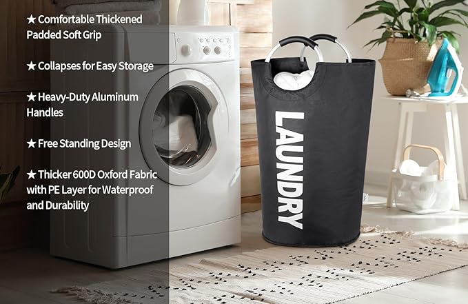 130L Large Laundry Hamper Bag Collapsible, Tall Laundry Basket Bag, Big Dirty Clothes Hampers with Handles for Laundry Room, College Dorm, Light Weigh, Foldable (Black, XXXL)