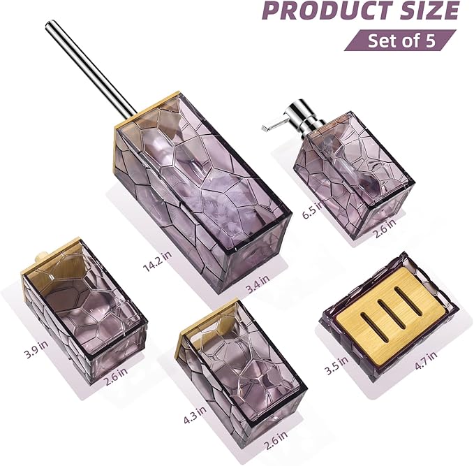 GAHEFY Lavender Purple Bathroom Accessories Set, Toothbrush Holder, Soap Dispenser, Cotton Swabs Holder, Soap Dish, Toilet Brush with Holder, Bamboo Bathroom Decor,Acrylic (Purple)