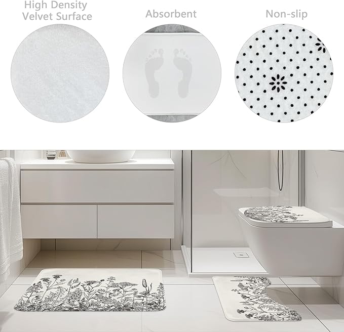 Riyidecor Black Grey Floral Wildflower 4Pcs Bathroom Shower Curtain Sets Botanical Rustic Leaves Bathroom Decor Set with Rugs and Accessories Vintage Toilet Lid Rug, Contour and Bath Mat with 12 Hooks