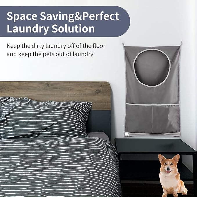 Hanging Laundry Hamper, Over The Door Laundry Hamper, Hanging Laundry Bag with Pockets Zipper Foldable Lightweight, for Rv Camper Apartment College Dorm Room Storage Small Space Organizer