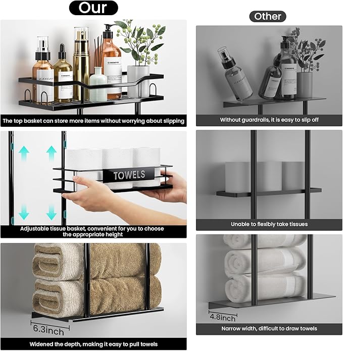 Towel Racks for Bathroom, 30inch Wall Mounted Towel Rack, Towel Storage for Small Bathroom Can Holds 6 Large Towels, Floating Shelf with Adjustable Tissue Basket(Black).