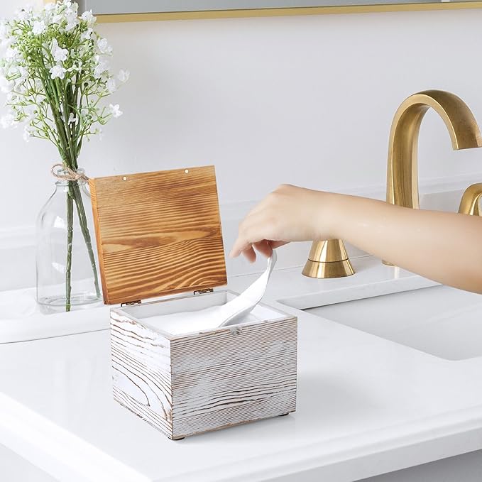 Bivvclaz Disposable Face Towel Holder, White Washed Wood Face Towel Container Compatible with Clean Towels XL, Face Towels Storage Box with Lid, Makeup Remover Organizer for Vanity, Bathroom