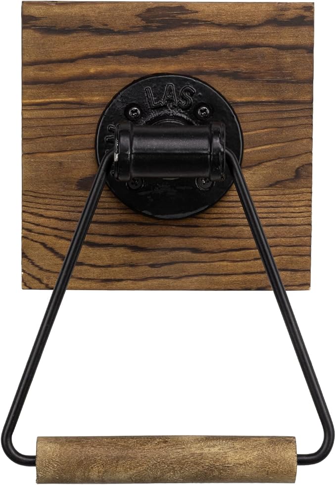 MyGift Bathroom Hand Towel Holder, Towel Rack Ring 5.5x8.7 inch for Kitchen, Laundry Room, Matte Black Industrial Metal with Rustic Solid Burnt Wood