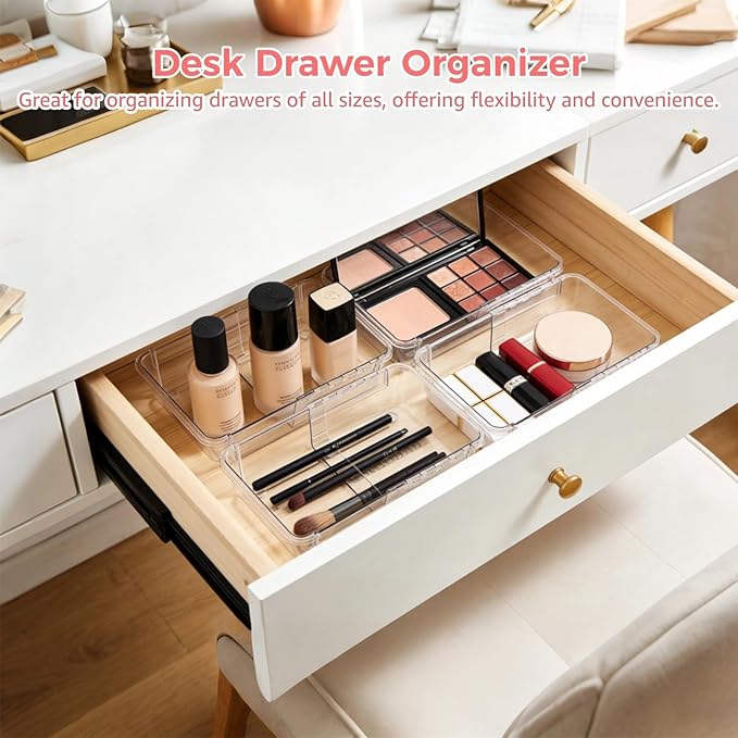 15 Pcs Extendable Clear Bathroom Drawer Organizer Trays 2-Size Adjustable Vanity Storage Box for Makeup Cosmetic Bedroom and Gadgets