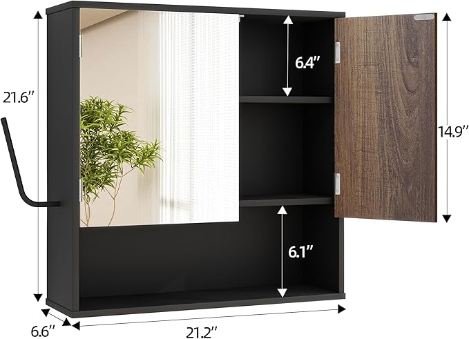 Bathroom Wall Cabinet With Mirror,wall mounted bathroom cabinet,Medicine Cabinet with 2 Door ,Side Hook,Light and Adjustable Shelves,Black Cabinet with Wood Grain,Over The Toilet Space Saver Cabinet.