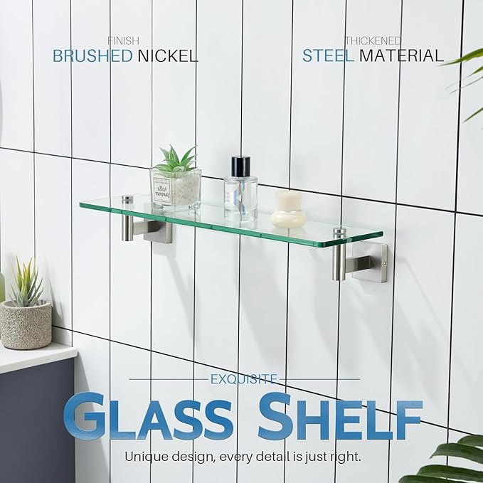 KOKOSIRI 20-Inch Bathroom Shelves Glass Floating Shelf Toilet Roll Holder Toilet Paper Holder Stainless Steel Brushed Nickel B1105BR-L20+B2008BR