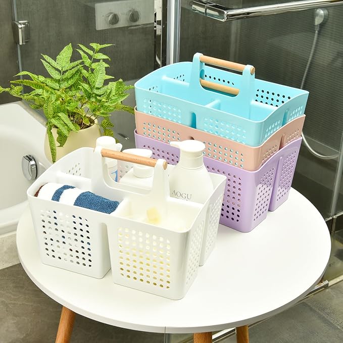 Portable Shower Caddy Basket with Compartments, Plastic Divided Cleaning Caddy Organizer Storage Tote with Handle for Bathroom, College, Dorm Room Essentials, Black