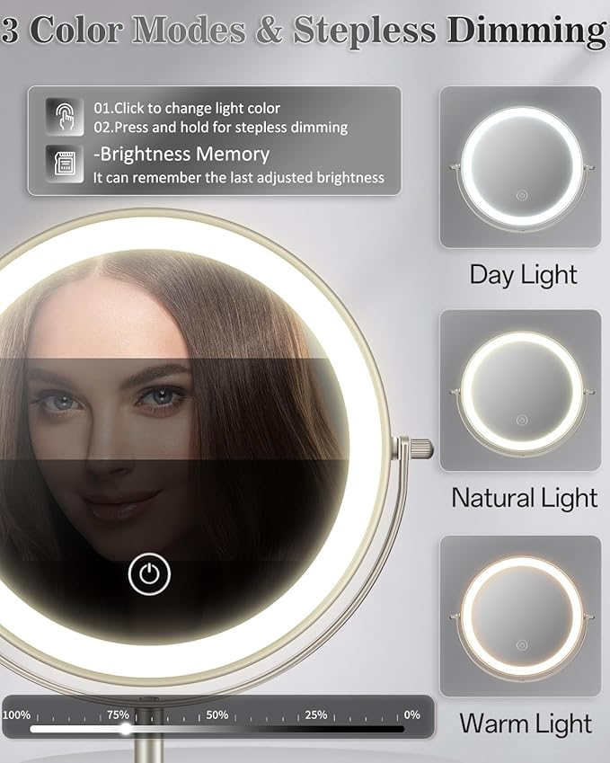 vpu Makeup Mirror with Lights, 1X/30X Lighted Magnifying Mirror Height Adjustable, 3000mAh Rechargeable Double Sided Vanity Mirrors with 3 LED Lighting and Adjustable Brightness for Desk Women Gift