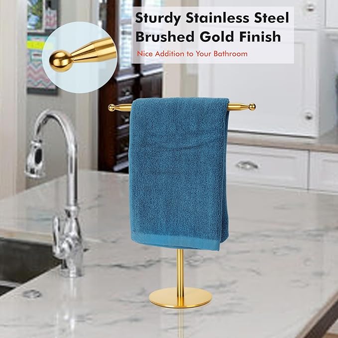 Gold Hand Towel Holder Stand for Bathroom Vanity Countertop Stainless Steel T-Shape Free Standing Towel Rack Stand Towel Bar for Bathroom Kitchen (Gold)