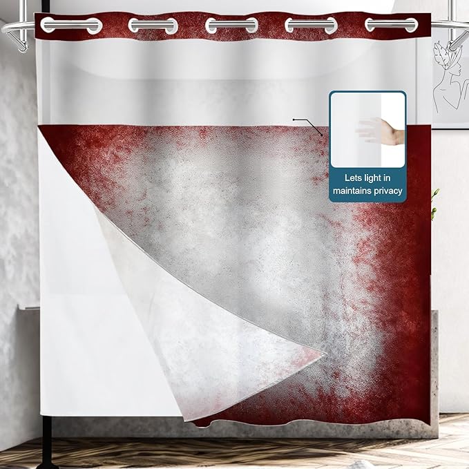 Shrahala Grey Abstract Tie Dye No Hooks Shower Curtain with Snap in Liner Set, Dark Red Modern Abstract Art Maroon Bathroom Décor Polyester Fiber Waterproof for Stall Bathtubs 71 X 74 in