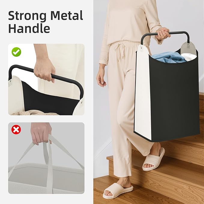 STORAGE MANIAC 2 Pack Large Laundry Hamper with Sturdy Metal Handle, Collapsible Laundry Basket, Freestanding Waterproof Clothes Hamper for Laundry Room, Bedroom, Dorm, Towels, Toys, Black & White