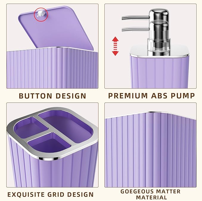 XLHOMO Bathroom Accessories Set - Gorgeous Purple Bathroom Set, 10PC Bathroom Accessory Set, Toilet Brush, Trash Can & Soap Dispenser