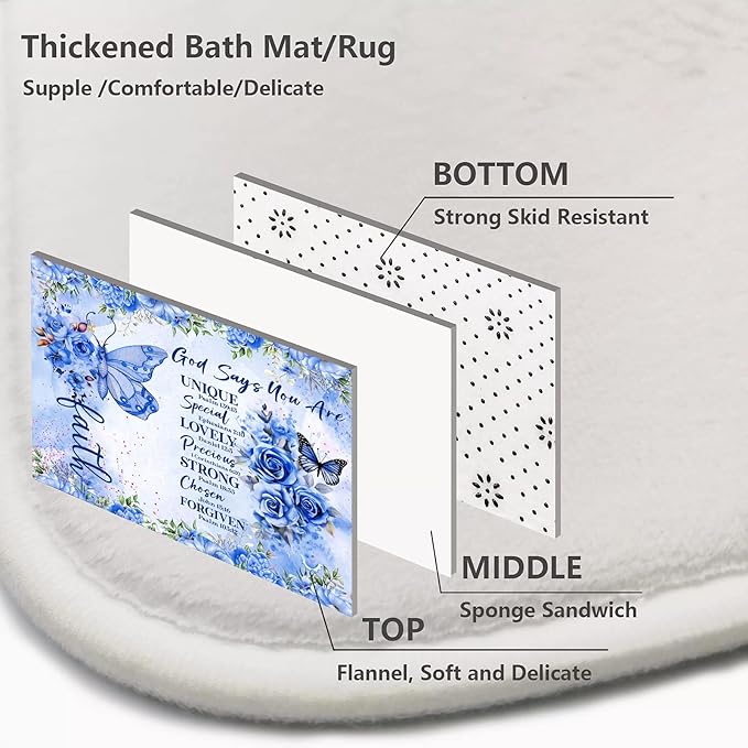 4 Pcs Blue Butterfly Inspirational Quotes Shower Curtain Set with Rugs, Toilet Lid Cover and Bath Mat, Bible Verse Floral Bathroom Decor Set Accessories, Colorful Boho Shower Curtain with 12 Hooks