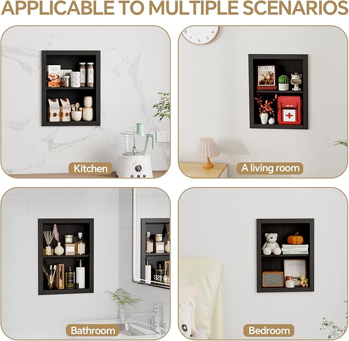 14'' * 18'' Recessed Medicine Cabinet Wall Niche Wood, 2-Tier Bathroom Niche Insert for Drywall, in Wall Shelf Medicine Cabinets Replacement, for Living Room, Bathroom Storage, Black