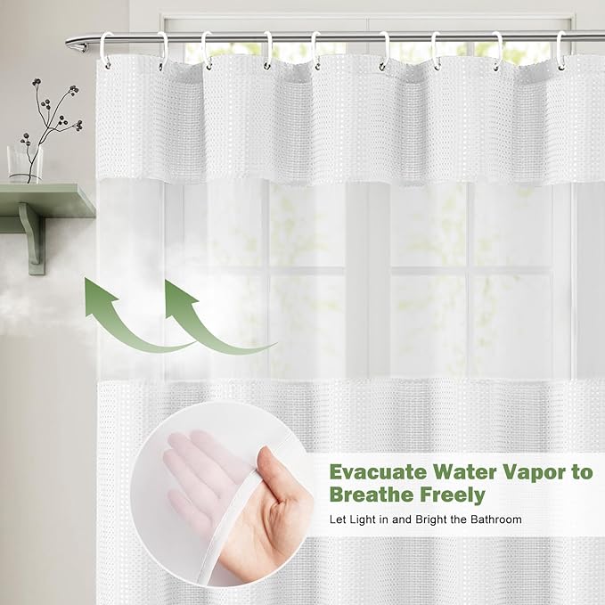 UFRIDAY White Waffle Weave Small Stall Shower Curtain Liner 36x72 inch,Hotel Style Bath Curtain with Mesh Top Window, Heavy Duty Thick Fabric Shower Curtain for Bathroom,Washable Water Resistant