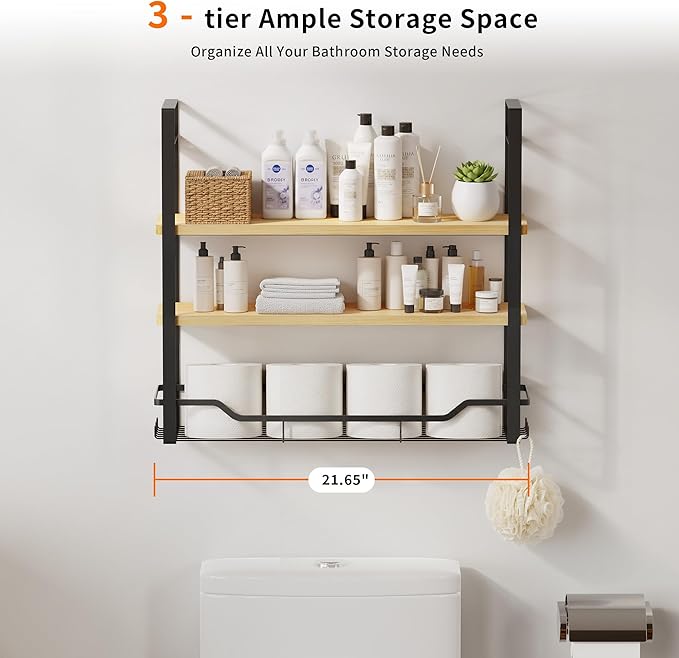 Bathroom Shelves Over Toilet Storage - 3 Tier Large Wall Mounted Shelves for Bathroom - Over Toilet Organizer - Adjustable Stand Shelf Rack for Kitchen Living Room - Black Oak