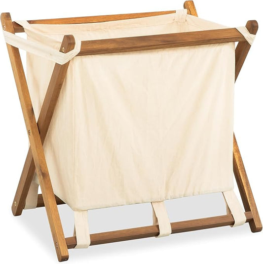 VICTORY RELAX Acacia Wood X-Frame Laundry Hamper, Folding Large Wooden Baskets with Handle, Sorter for Blankets Clothes Pillows Towels, 22'' Tall Natural-Beige
