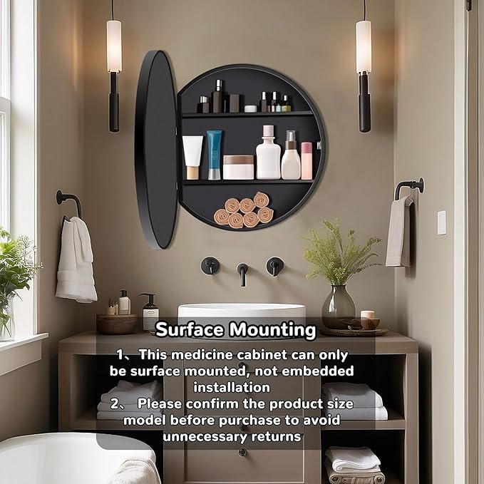 26 Inch Round Medicine Cabinet with Mirror, Black Farmhouse Bathroom Storage Cabinet, Metal Frame Circular Vanity Mirror Cabinet, Surface Mount Only – Ideal for Master Bathrooms