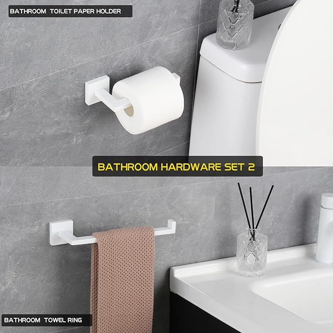 GERZWY Bathroom 2-Piece Bathroom Hardware Set Stainless Steel - Towel Ring Toilet Paper Holder, White