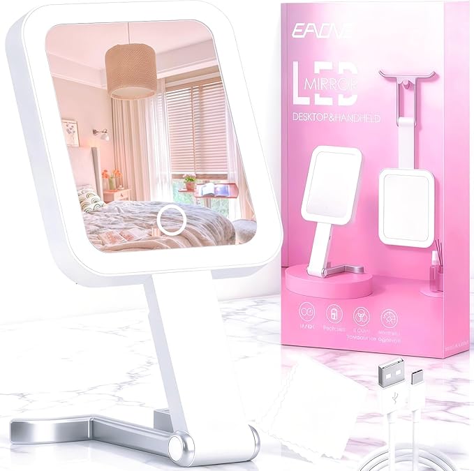 Travel Mirror with Lights, Magnifying Makeup Mirror 10X/1X Double Sided with 3 Color Lighting & Dimmable Touch Screen, Compact Handheld Cosmetic Vanity Mirror for Desktop Travel/Bathroom, Women Gifts