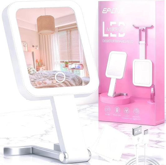 Travel Mirror with Lights, Magnifying Makeup Mirror 10X/1X Double Sided with 3 Color Lighting & Dimmable Touch Screen, Compact Handheld Cosmetic Vanity Mirror for Desktop Travel/Bathroom, Women Gifts