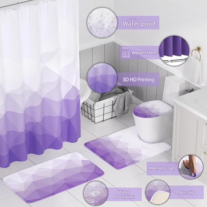 XLHOMO Bathroom Accessory Set - 26PC Bathroom Shower Curtain and Rug Set, Bathroom Accessories Set, Purple Bathroom Set with Trash Can, Toilet Brush, Qtip Holder & Soap Dispenser