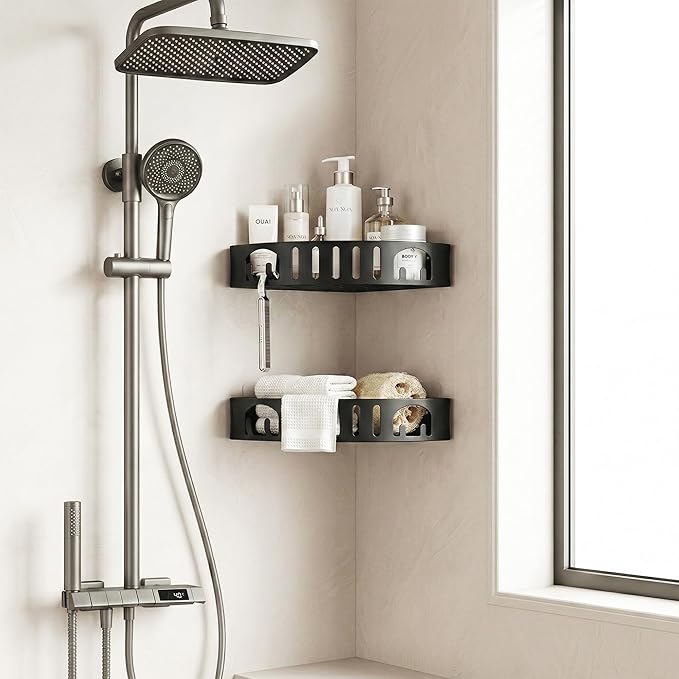 Adhesive Corner Shower Shelf No Drill | Rust-Proof Aluminum Alloy Stick On Bathroom Organizer with Shaving Holder for Shampoo, Conditioner, Soap, Razors Black 2Pack