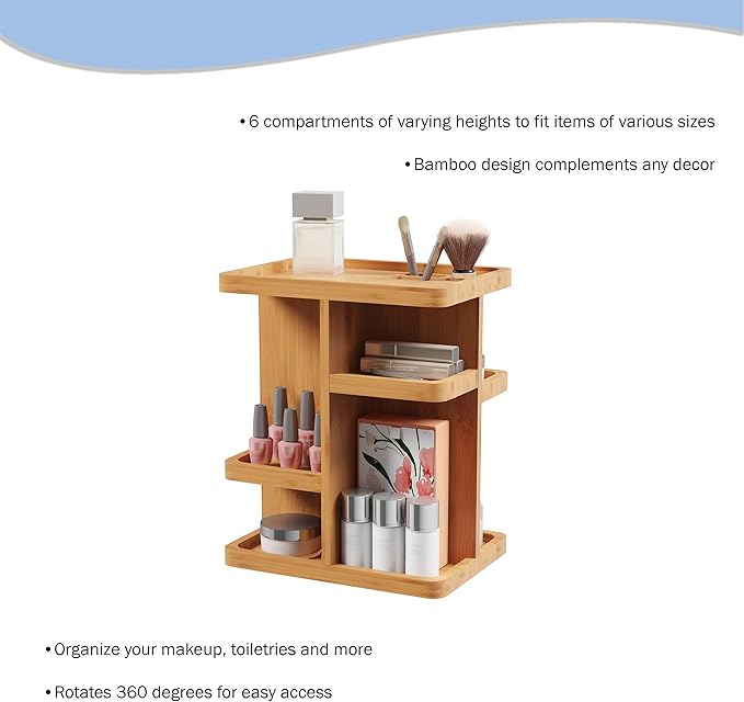 Makeup Organizer - Rotating Eco-Friendly Compact Modern Bamboo Skincare Cosmetic and Vanity Carousel for Bedroom, Bathroom, and Dorm by Lavish Home