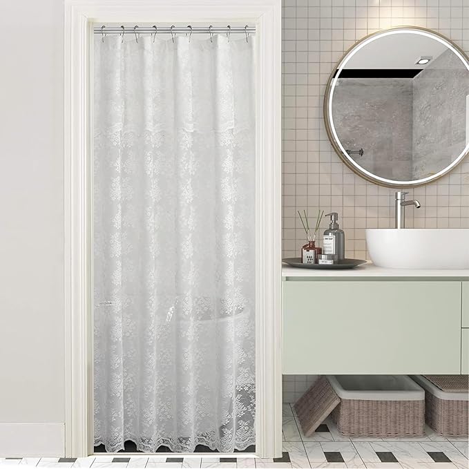 YJ YANJUN White Stall 36x72 Shower Curtain with Victoria Lace Narrow Attached Valance and Vintage Floral Small Sheer Shower Curtain for Bathroom or RV, Trend Fancy, White