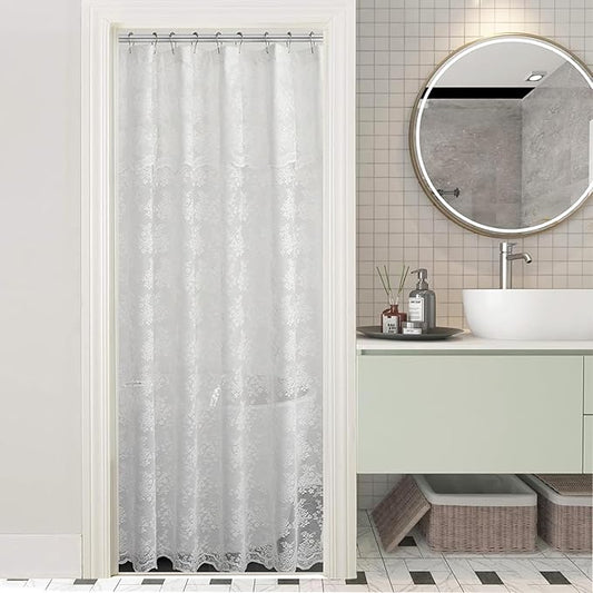YJ YANJUN White Stall 36x72 Shower Curtain with Victoria Lace Narrow Attached Valance and Vintage Floral Small Sheer Shower Curtain for Bathroom or RV, Trend Fancy, White