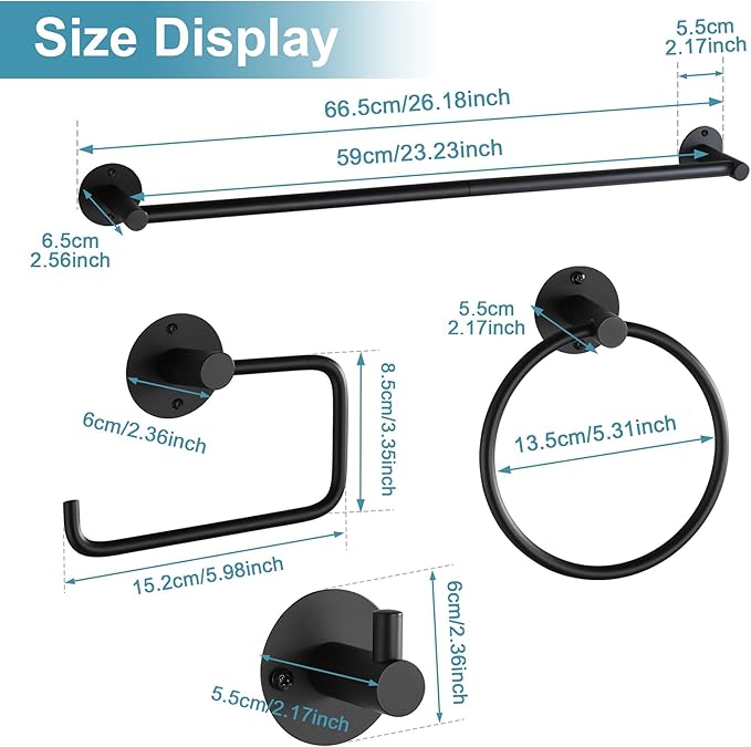 BVL Towel Racks for Bathroom 4 Pieces,Matte Black Stainless Steel Bathroom Accessories Set Wall Mounted Included 24 Inches Towel bar,Towel Holder,Toilet Paper Holder,Robe Hook