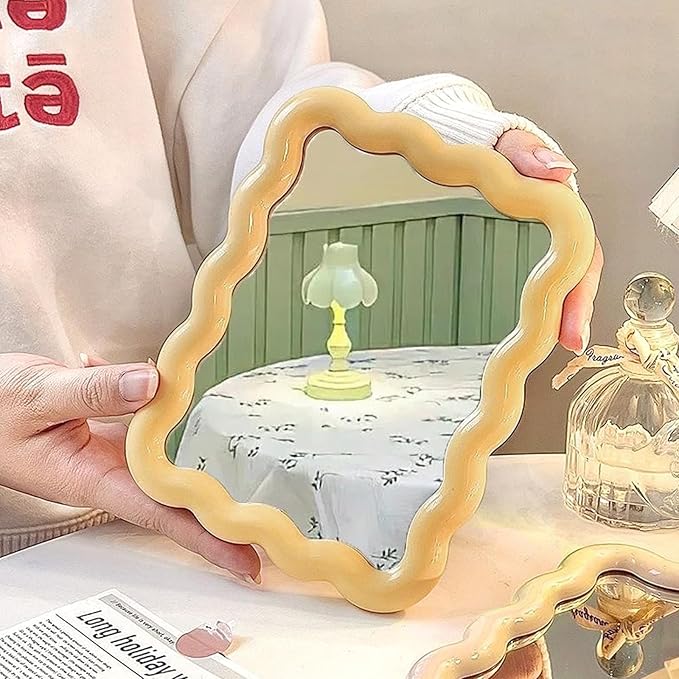 Wave Shaped Table Desk Vanity Makeup Mirror Portable Folding Cute Travel Make Up Mirror for Standing Hanging 6.7X5.3 Inch Home Decoration (Yellow)