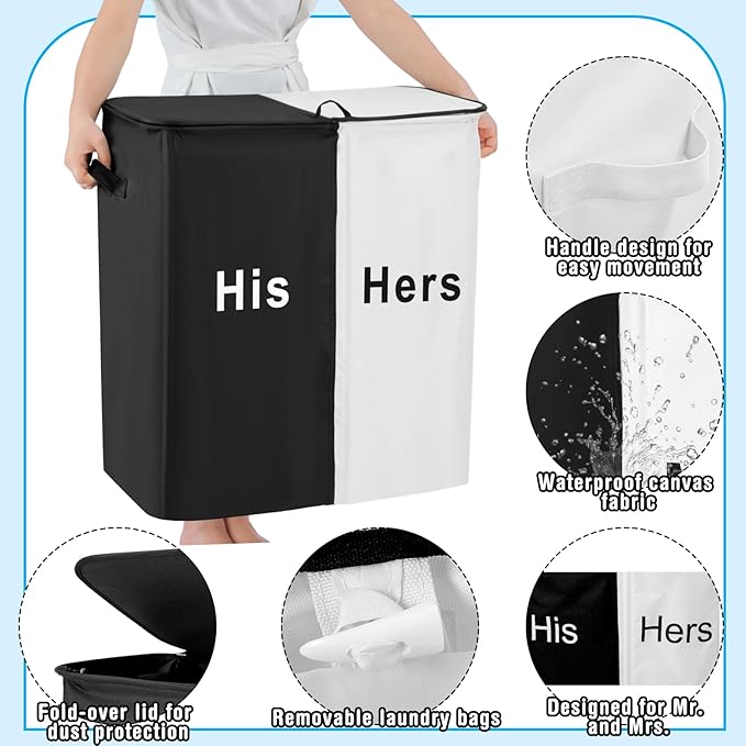 DoubleFill 154L Large Double Laundry Hamper with Lid and Removable Bags Laundry Basket 2 Section Collapsible Dirty Clothes Hamper for Bathroom Bedroom for Husband&Wife Parents or Couple(His Hers)