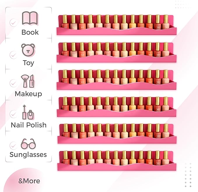 6 Pack Nail Polish Wall Mounted Shelf,15 Inch Nail Polish Floating Shelves for 66-90 Bottles Multi-Purpose,Ideal Gift, Great Display for Salons Retailers,Dark Pink