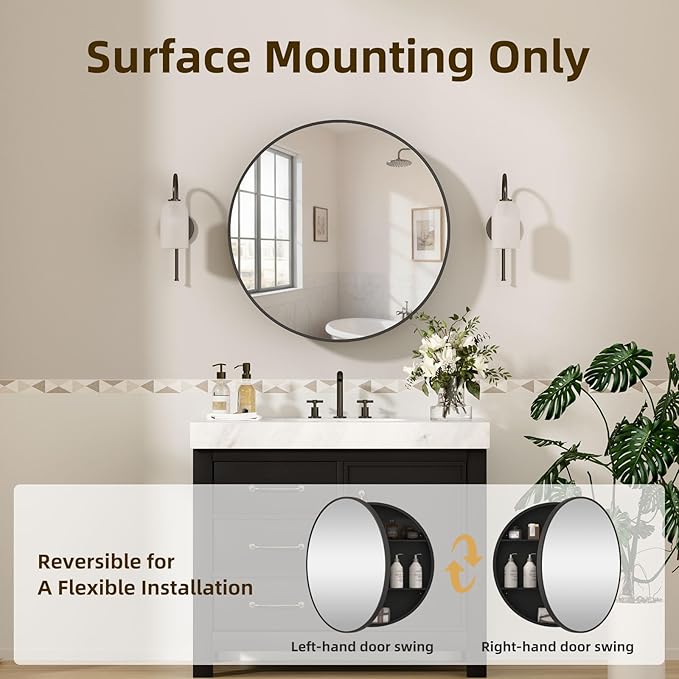 28 x 28 Inch Round Medicine Cabinet with Mirror,Black Circular Bathroom Cabinet Wall Mounted,Metal Framed Mirror Medicine Cabinet with Adjustable Shelves for Bathroom Vanity