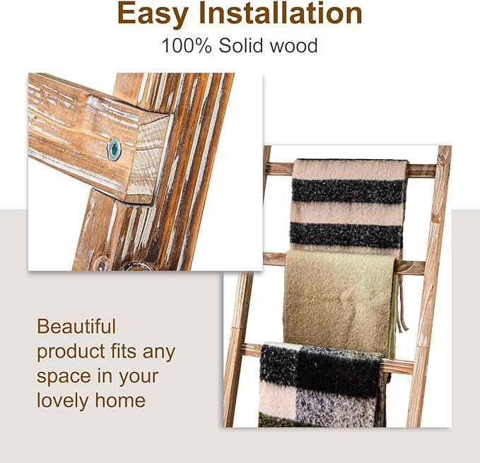 RANXFLOAT 6-Tier Blanket Ladder Wooden, Blanket Quilt Towel Holder Rack Decorative Ladder, Rustic Farmhouse Ladder Shelf for The Living Room Bedroom Home Decor Carbonized Wood 24 Inch