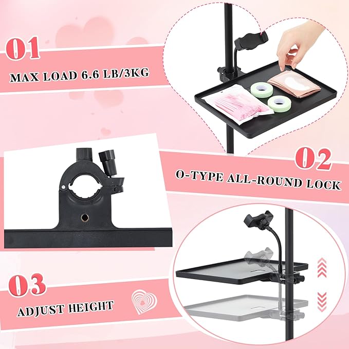 Saillong Adjustable Lash Tray Holder for Ring Light Tray 10.6" x 8" Lash Trays Organizer with Phone Holder, Makeup Mirror and Mirror Clip for Salon or Home Use Eyelash Extensions Supplies