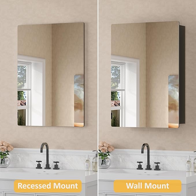 20x28 Inch Medicine Cabinet with Mirror, Recessed or Surface Mounted Bathroom Cabinets for Storage, 2 Fully Adjustable Tempered Glass Shelves, Soft-close DTC Hinges, HD Reflection Mirror Door, Black